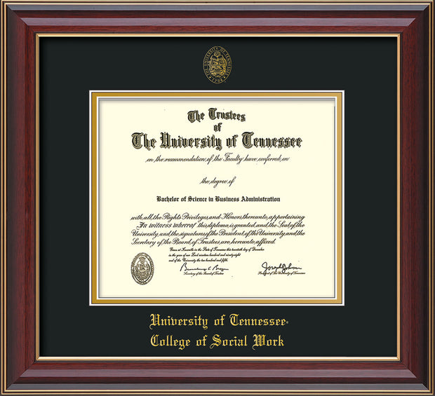 Image of University of Tennessee Diploma Frame - Cherry Lacquer - w/Embossed Seal & College of Social Work Name - Black on Gold Mat