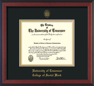 Image of University of Tennessee Diploma Frame - Cherry Reverse - w/Embossed Seal & College of Social Work Name - Black on Gold Mat