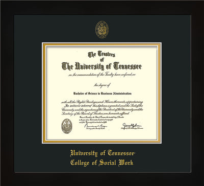 Image of University of Tennessee Diploma Frame - Flat Matte Black - w/Embossed Seal & College of Social Work Name - Black on Gold Mat