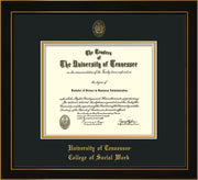 Image of University of Tennessee Diploma Frame - Honors Black Satin - w/Embossed Seal & College of Social Work Name - Black on Gold Mat