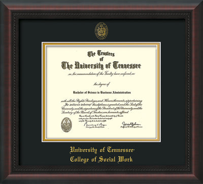 Image of University of Tennessee Diploma Frame - Mahogany Braid - w/Embossed Seal & College of Social Work Name - Black on Gold Mat