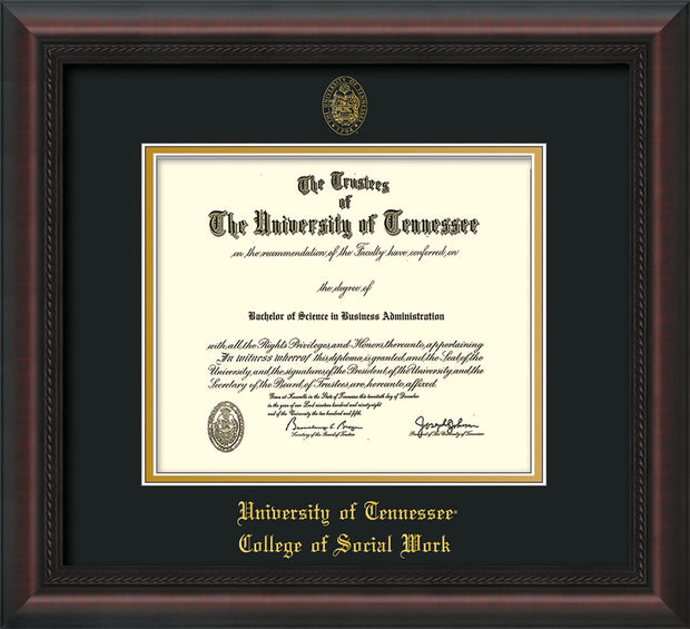Image of University of Tennessee Diploma Frame - Mahogany Braid - w/Embossed Seal & College of Social Work Name - Black on Gold Mat