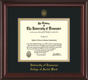 Image of University of Tennessee Diploma Frame - Mahogany Lacquer - w/Embossed Seal & College of Social Work Name - Black on Gold Mat