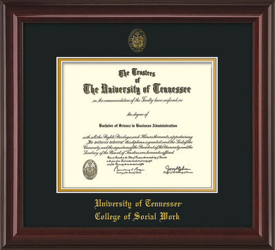 Image of University of Tennessee Diploma Frame - Mahogany Lacquer - w/Embossed Seal & College of Social Work Name - Black on Gold Mat
