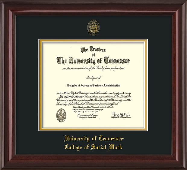 Image of University of Tennessee Diploma Frame - Mahogany Lacquer - w/Embossed Seal & College of Social Work Name - Black on Gold Mat