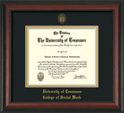 Image of University of Tennessee Diploma Frame - Rosewood - w/Embossed Seal & College of Social Work Name - Black on Gold Mat