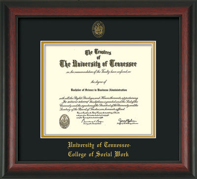 Image of University of Tennessee Diploma Frame - Rosewood - w/Embossed Seal & College of Social Work Name - Black on Gold Mat