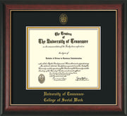 Image of University of Tennessee Diploma Frame - Rosewood with Gold Lip - w/Embossed Seal & College of Social Work Name - Black on Gold Mat