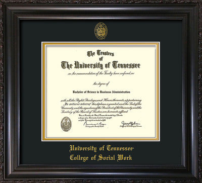 Image of University of Tennessee Diploma Frame - Vintage Black Scoop - w/Embossed Seal & College of Social Work Name - Black on Gold Mat