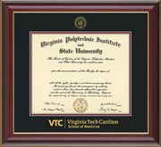 Virginia Tech Diploma Frame - Cherry Lacquer - w/Embossed VT Carilion School of Medicine Seal & Wordmark - Black on Maroon mat