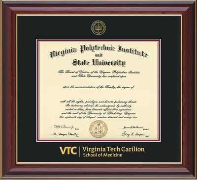 Virginia Tech Diploma Frame - Cherry Lacquer - w/Embossed VT Carilion School of Medicine Seal & Wordmark - Black on Maroon mat