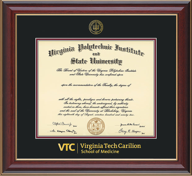 Virginia Tech Diploma Frame - Cherry Lacquer - w/Embossed VT Carilion School of Medicine Seal & Wordmark - Black on Maroon mat