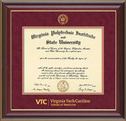 Image of Virginia Tech Diploma Frame - Cherry Lacquer - w/Embossed VT Carilion School of Medicine Seal & Wordmark - Maroon Suede on Orange mat