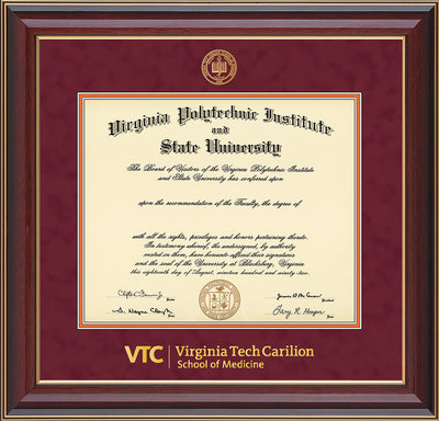Image of Virginia Tech Diploma Frame - Cherry Lacquer - w/Embossed VT Carilion School of Medicine Seal & Wordmark - Maroon Suede on Orange mat