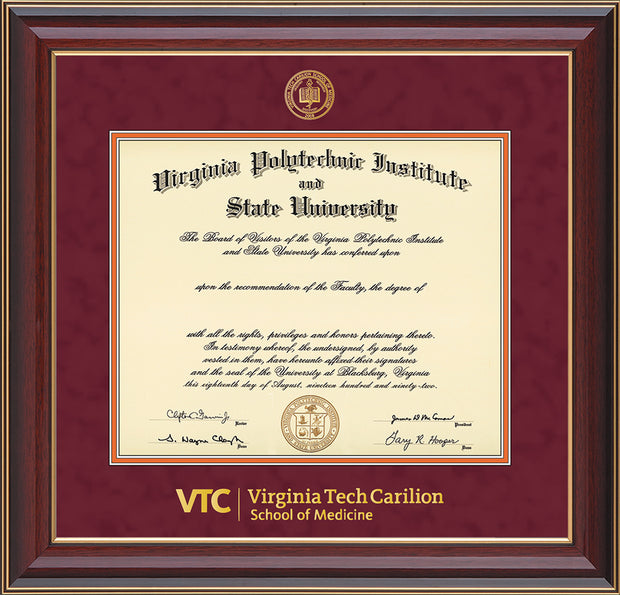 Image of Virginia Tech Diploma Frame - Cherry Lacquer - w/Embossed VT Carilion School of Medicine Seal & Wordmark - Maroon Suede on Orange mat