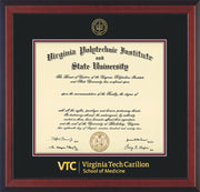 Image of Virginia Tech Diploma Frame - Cherry Reverse - w/Embossed VT Carilion School of Medicine Seal & Wordmark - Black on Maroon mat