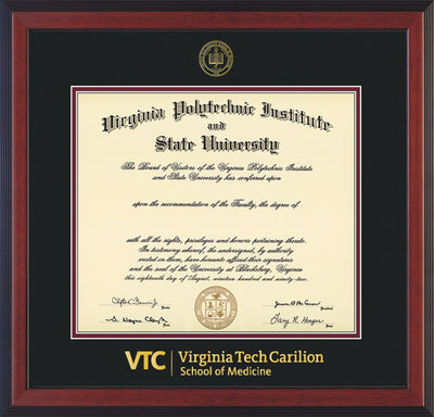 Image of Virginia Tech Diploma Frame - Cherry Reverse - w/Embossed VT Carilion School of Medicine Seal & Wordmark - Black on Maroon mat