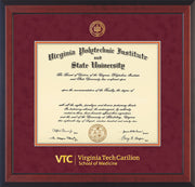 Image of Virginia Tech Diploma Frame - Flat Matte Black - w/Embossed VT Carilion School of Medicine Seal & Wordmark - Maroon Suede on Orange mat