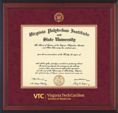 Image of Virginia Tech Diploma Frame - Flat Matte Black - w/Embossed VT Carilion School of Medicine Seal & Wordmark - Maroon Suede on Orange mat