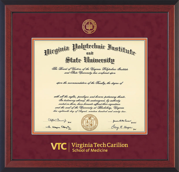 Image of Virginia Tech Diploma Frame - Flat Matte Black - w/Embossed VT Carilion School of Medicine Seal & Wordmark - Maroon Suede on Orange mat