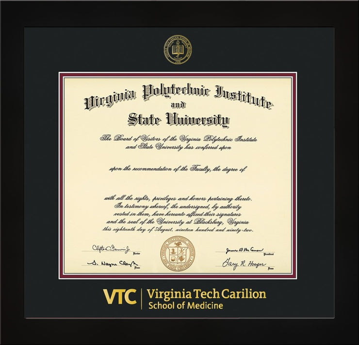 Virginia Tech Diploma Frame - Flat Matte Black - w/Embossed VT Carilion School of Medicine Seal & Wordmark - Black on Maroon mat