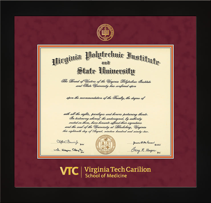 Image of Virginia Tech Diploma Frame - Flat Matte Black - w/Embossed VT Carilion School of Medicine Seal & Wordmark - Maroon Suede on Orange mat