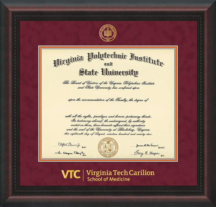 Image of Virginia Tech Diploma Frame - Mahogany Braid - w/Embossed VT Carilion School of Medicine Seal & Wordmark - Maroon Suede on Orange mat