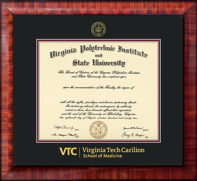 Image of Virginia Tech Diploma Frame - Mezzo Gloss - w/Embossed VT Carilion School of Medicine Seal & Wordmark - Black on Maroon mat