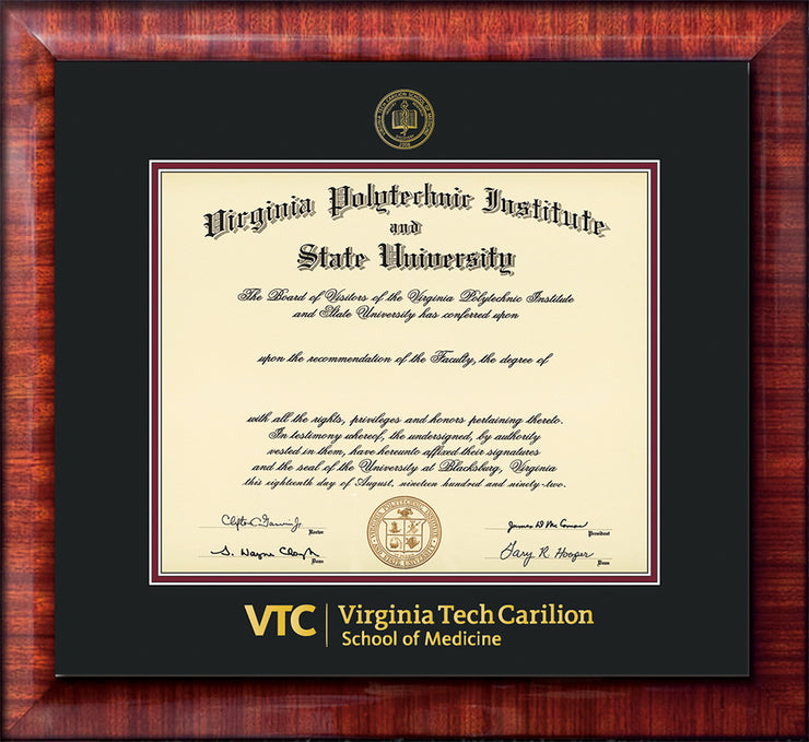 Image of Virginia Tech Diploma Frame - Mezzo Gloss - w/Embossed VT Carilion School of Medicine Seal & Wordmark - Black on Maroon mat