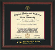 Image of Virginia Tech Diploma Frame - Rosewood - w/Embossed VT Carilion School of Medicine Seal & Wordmark - Black on Maroon mat
