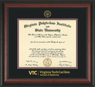 Image of Virginia Tech Diploma Frame - Rosewood - w/Embossed VT Carilion School of Medicine Seal & Wordmark - Black on Maroon mat