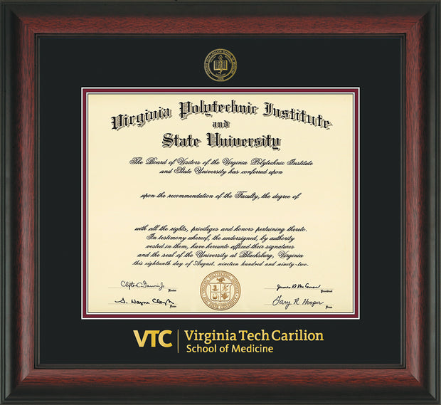 Image of Virginia Tech Diploma Frame - Rosewood - w/Embossed VT Carilion School of Medicine Seal & Wordmark - Black on Maroon mat