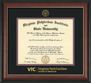Image of Virginia Tech Diploma Frame - Rosewood with Gold Lip - w/Embossed VT Carilion School of Medicine Seal & Wordmark - Black on Maroon mat