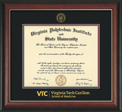 Image of Virginia Tech Diploma Frame - Rosewood with Gold Lip - w/Embossed VT Carilion School of Medicine Seal & Wordmark - Black on Maroon mat