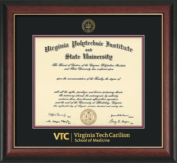 Image of Virginia Tech Diploma Frame - Rosewood with Gold Lip - w/Embossed VT Carilion School of Medicine Seal & Wordmark - Black on Maroon mat