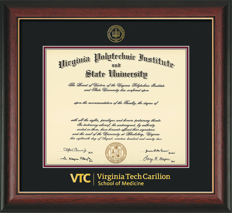 Image of Virginia Tech Diploma Frame - Rosewood with Gold Lip - w/Embossed VT Carilion School of Medicine Seal & Wordmark - Black on Maroon mat