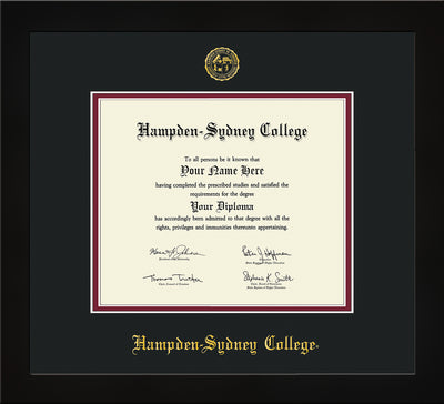 Image of Hampden-Sydney College Diploma Frame - Flat Matte Black - w/Embossed HSC Seal & Name - Black on Maroon mat