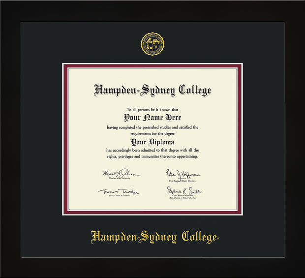 Image of Hampden-Sydney College Diploma Frame - Flat Matte Black - w/Embossed HSC Seal & Name - Black on Maroon mat