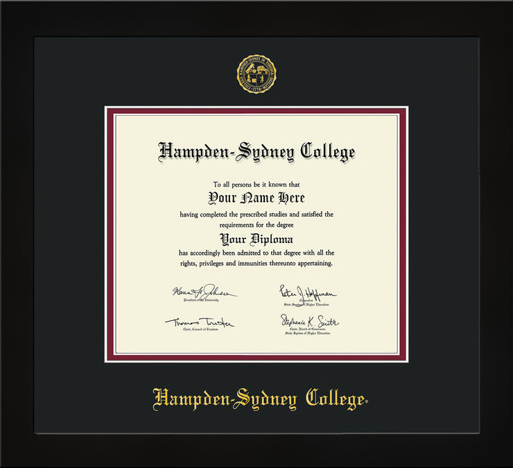 Image of Hampden-Sydney College Diploma Frame - Flat Matte Black - w/Embossed HSC Seal & Name - Black on Maroon mat