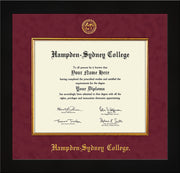 image of Hampden-Sydney College Diploma Frame - Flat Matte Black - w/Embossed HSC Seal & Name - Fillet - Maroon Suede mat