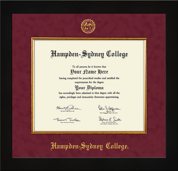 image of Hampden-Sydney College Diploma Frame - Flat Matte Black - w/Embossed HSC Seal & Name - Fillet - Maroon Suede mat