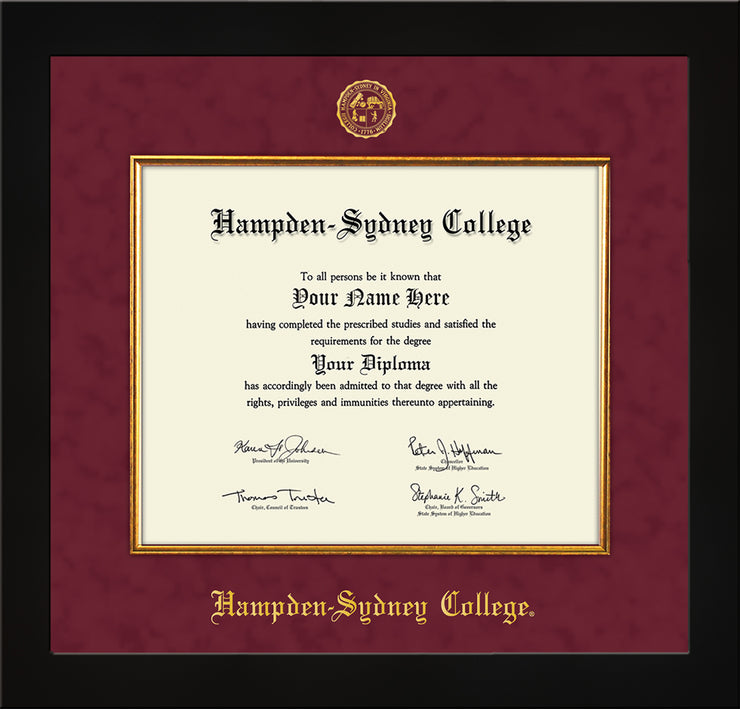 image of Hampden-Sydney College Diploma Frame - Flat Matte Black - w/Embossed HSC Seal & Name - Fillet - Maroon Suede mat