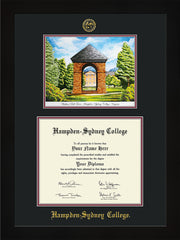 Image of Hampden-Sydney College Diploma Frame - Flat Matte Black - w/Embossed HSC Seal & Name - Watercolor - Black on Maroon mat
