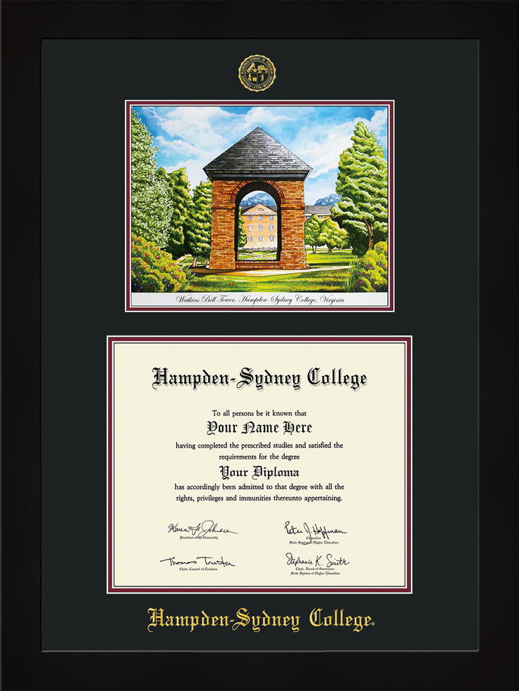 Image of Hampden-Sydney College Diploma Frame - Flat Matte Black - w/Embossed HSC Seal & Name - Watercolor - Black on Maroon mat