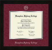 Image of Hampden-Sydney College Diploma Frame - Flat Matte Black - w/Silver Embossed HSC Seal & Name - Maroon Suede on Silver mat