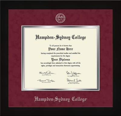 Image of Hampden-Sydney College Diploma Frame - Flat Matte Black - w/Silver Embossed HSC Seal & Name - Maroon Suede on Silver mat