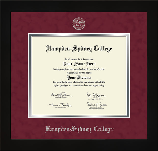 Image of Hampden-Sydney College Diploma Frame - Flat Matte Black - w/Silver Embossed HSC Seal & Name - Maroon Suede on Silver mat