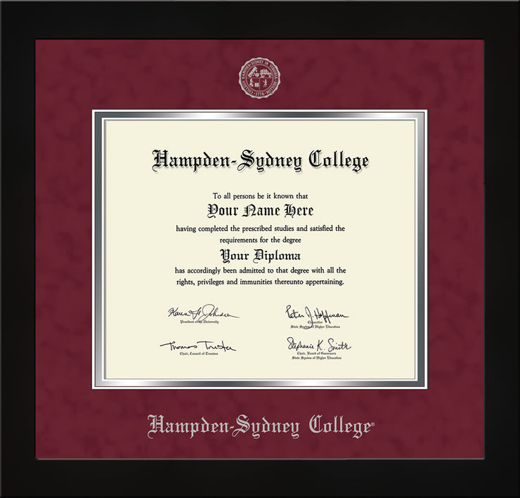 Image of Hampden-Sydney College Diploma Frame - Flat Matte Black - w/Silver Embossed HSC Seal & Name - Maroon Suede on Silver mat