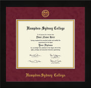 Image of Hampden-Sydney College Diploma Frame - Flat Matte Black - w/Embossed HSC Seal & Name - Maroon Suede on Gold mat