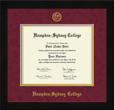 Image of Hampden-Sydney College Diploma Frame - Flat Matte Black - w/Embossed HSC Seal & Name - Maroon Suede on Gold mat